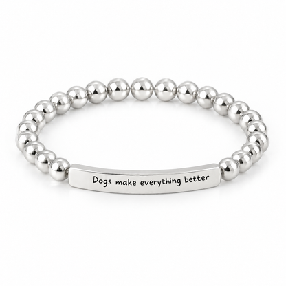 Dogs Make Everything Better Bracelet (Silver-Tone): polished silver-tone beads with a silver-tone bar that reads "Dogs make everything better"