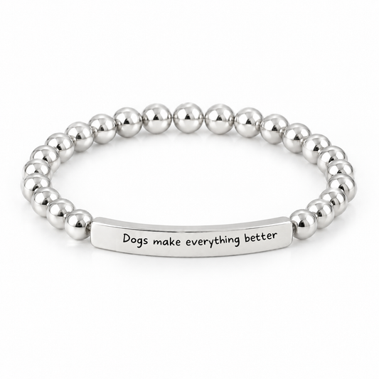 Dogs Make Everything Better Bracelet (Silver-Tone): polished silver-tone beads with a silver-tone bar that reads "Dogs make everything better"