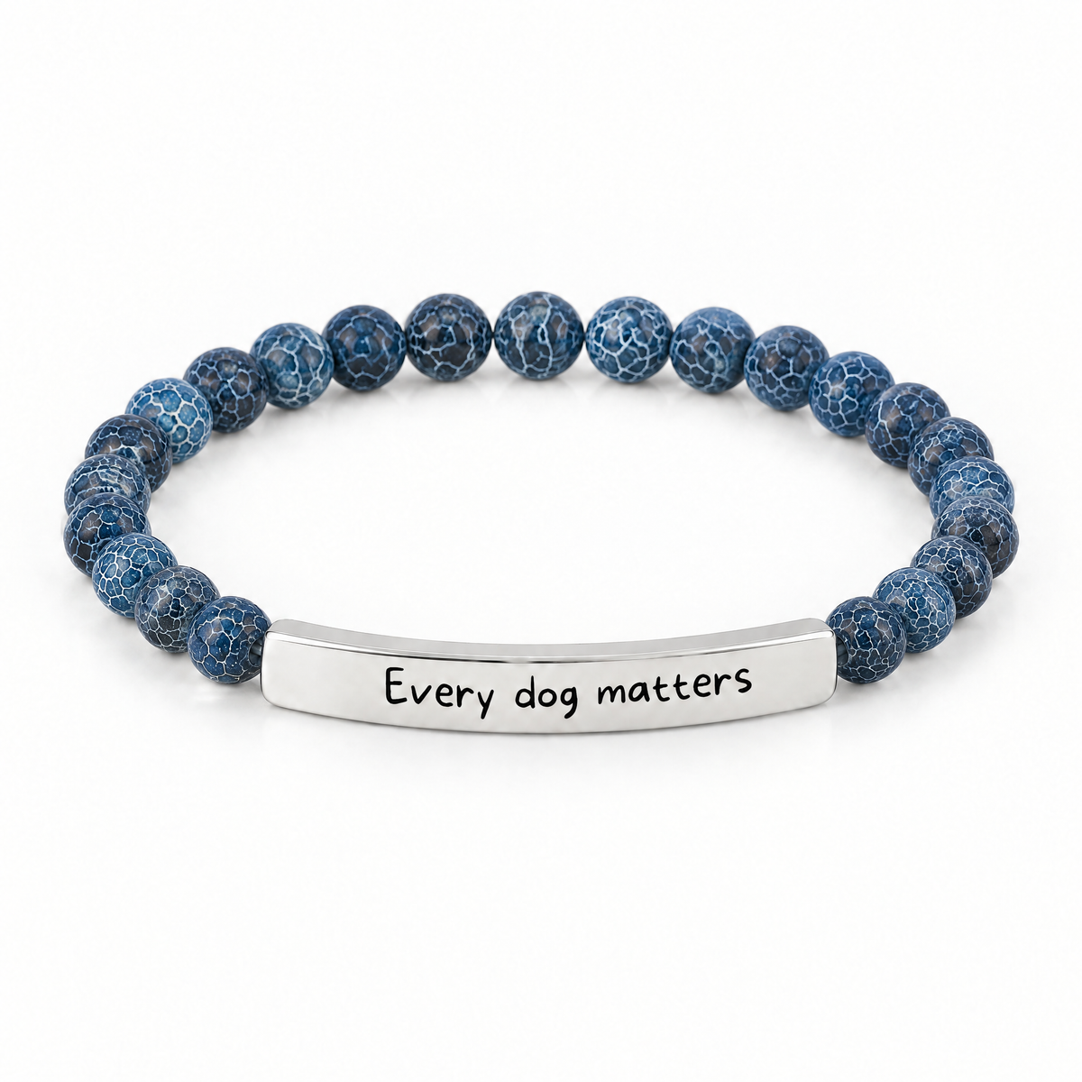 Every Dog Matters Bracelet (Ocean): deep blue crackle beads with a silver-tone bar that reads "Every dog matters"