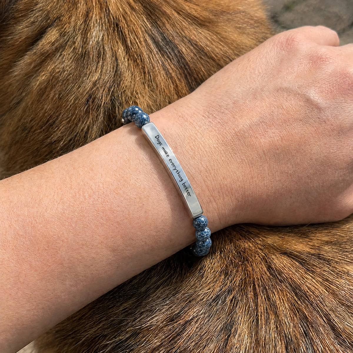 Dogs Make Everything Better Bracelet (Ocean) worn on the wrist