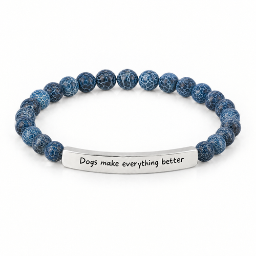 Dogs Make Everything Better Bracelet (Ocean): deep blue crackle beads with a silver-tone bar that reads "Dogs make everything better"