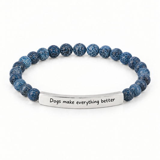 Dogs Make Everything Better Bracelet (Ocean): deep blue crackle beads with a silver-tone bar that reads "Dogs make everything better"