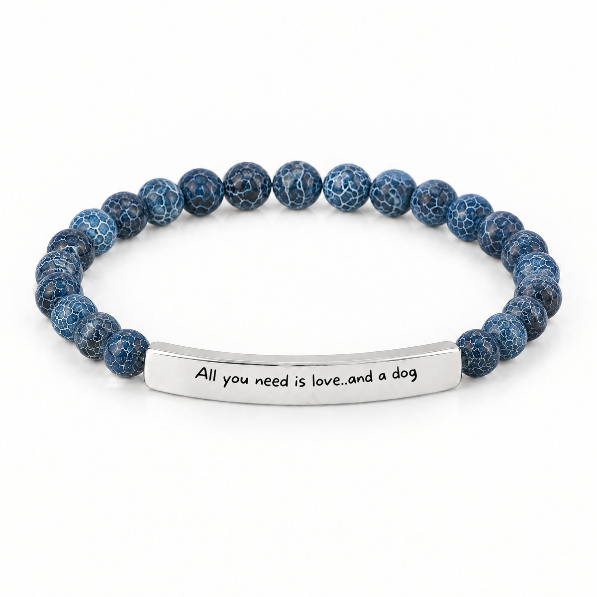 All You Need Is Love and a Dog Bracelet (Ocean): deep blue crackle beads with a silver-tone bar that reads "All you need is love..and a dog"