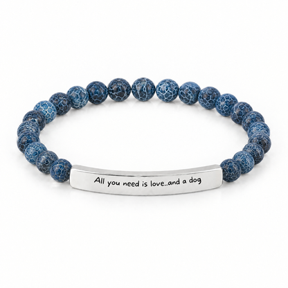 All You Need Is Love and a Dog Bracelet (Ocean): deep blue crackle beads with a silver-tone bar that reads "All you need is love..and a dog"