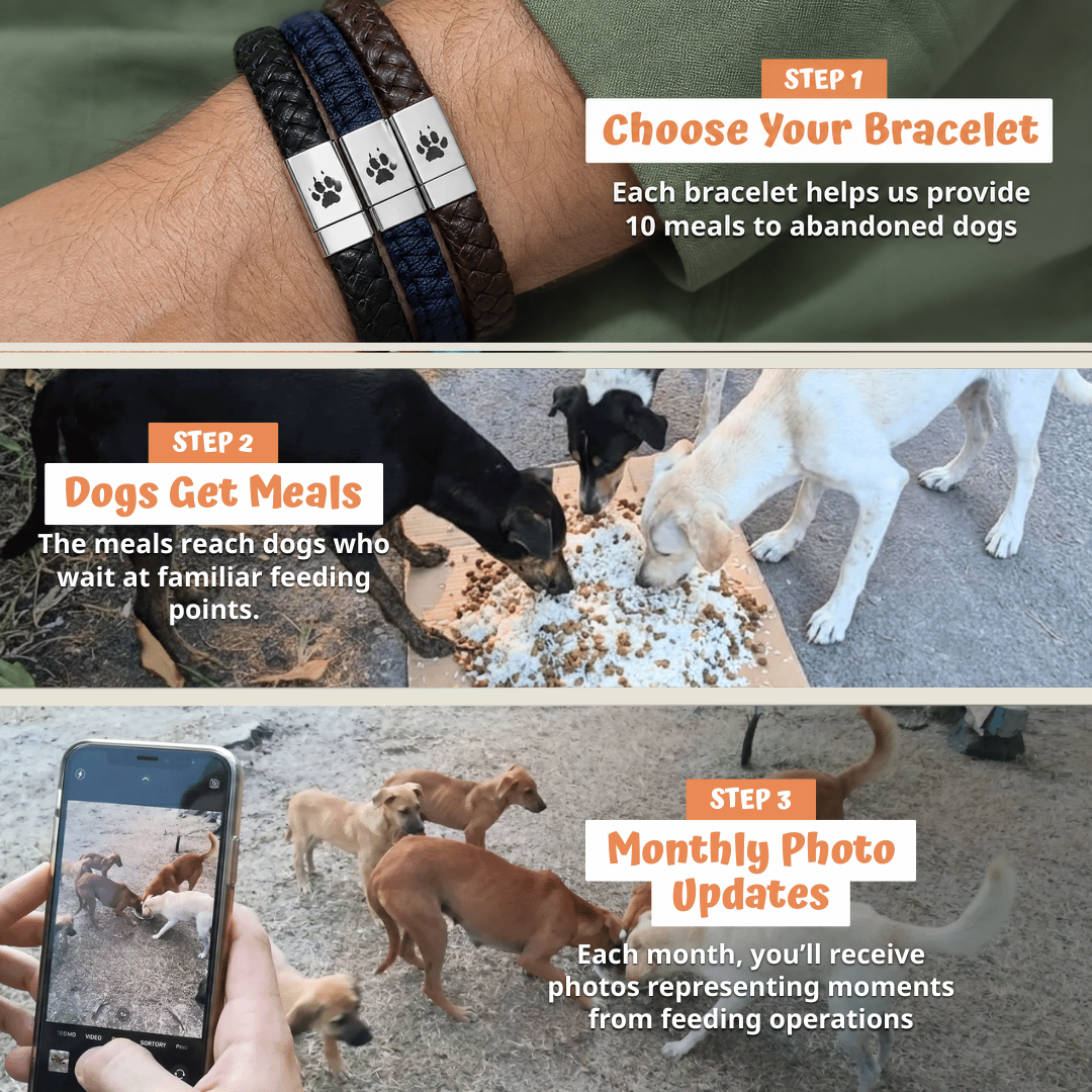 How it works: choose your men's bracelet, we help provide meals, monthly photos