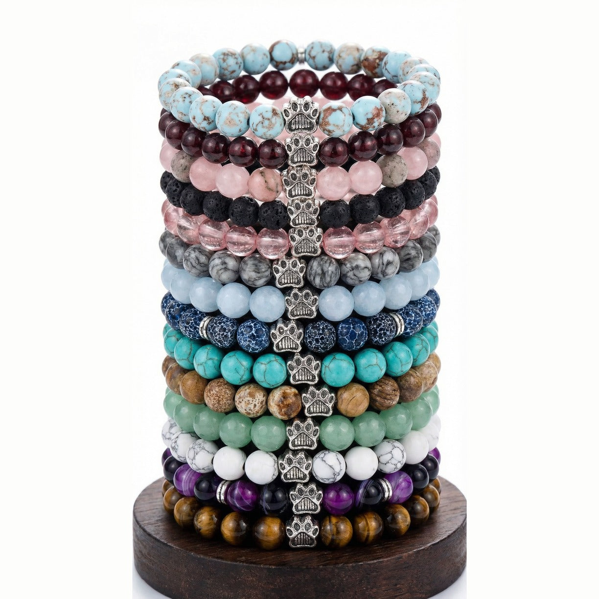 Rescue Paws bracelets in different colors stacked on a display stand