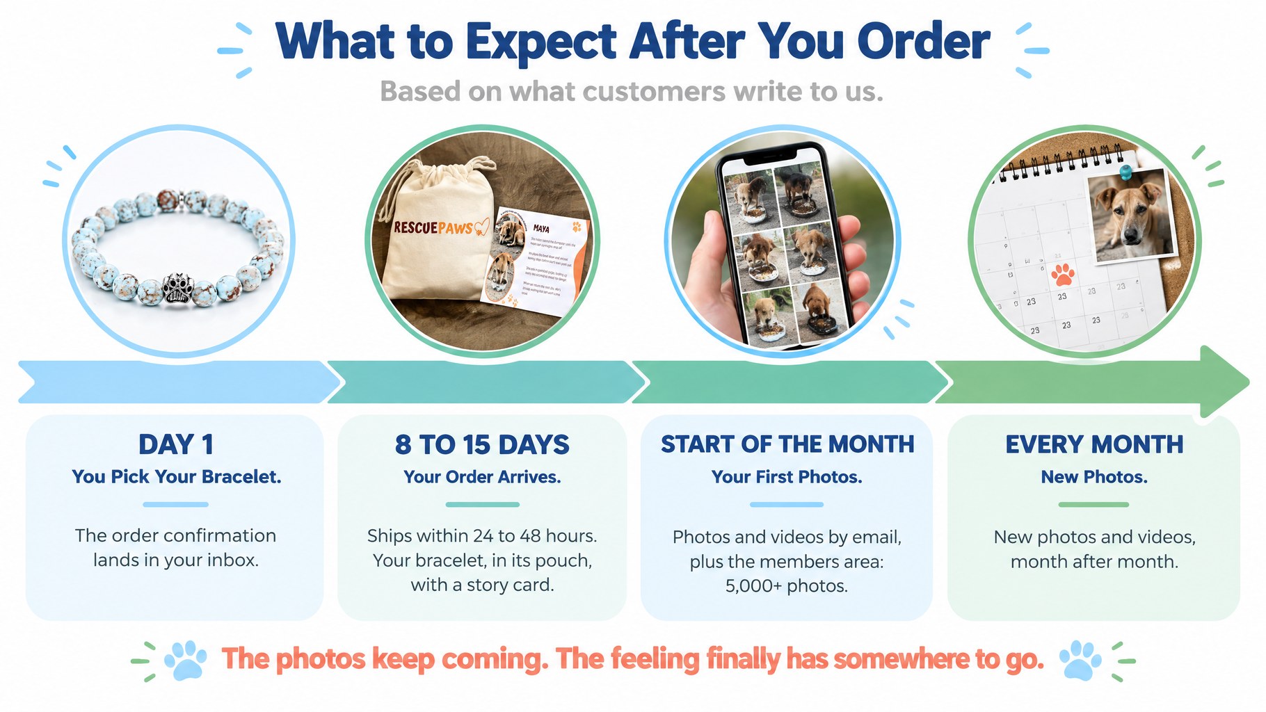What to expect after you order: day 1, 8 to 15 days, the start of the month, every month