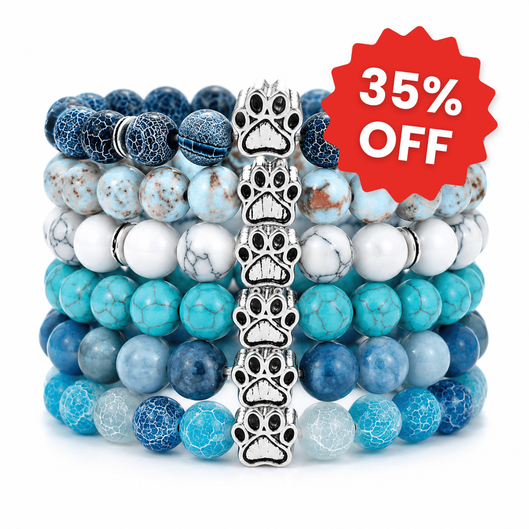 Deep Blue set of 6 bracelets: six shades of blue and turquoise, each with a silver paw charm