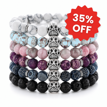 Full Spectrum set of 6 bracelets: white, turquoise, pink, purple, deep blue and black, each with a silver paw charm