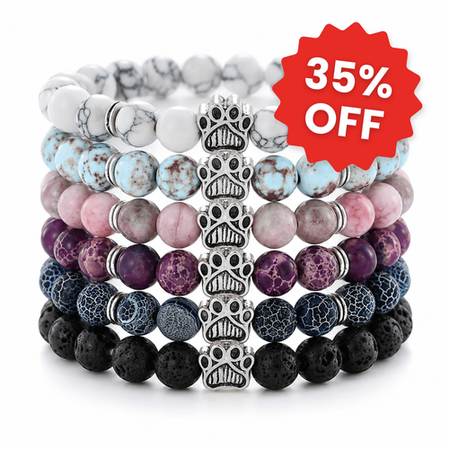 Full Spectrum set of 6 bracelets: white, turquoise, pink, purple, deep blue and black, each with a silver paw charm