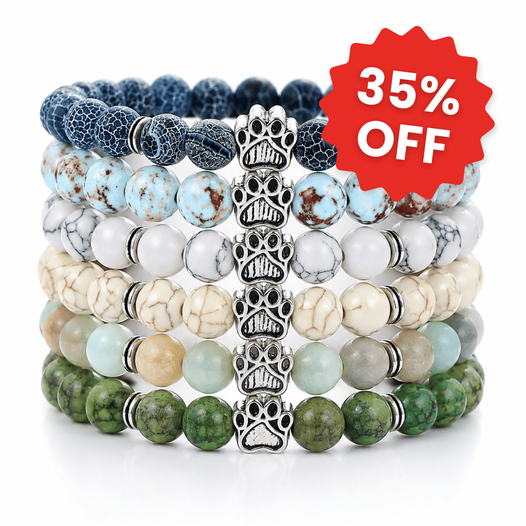 Ocean & Meadow set of 6 bracelets: deep blue, turquoise, white, cream, seafoam and olive green, each with a silver paw charm