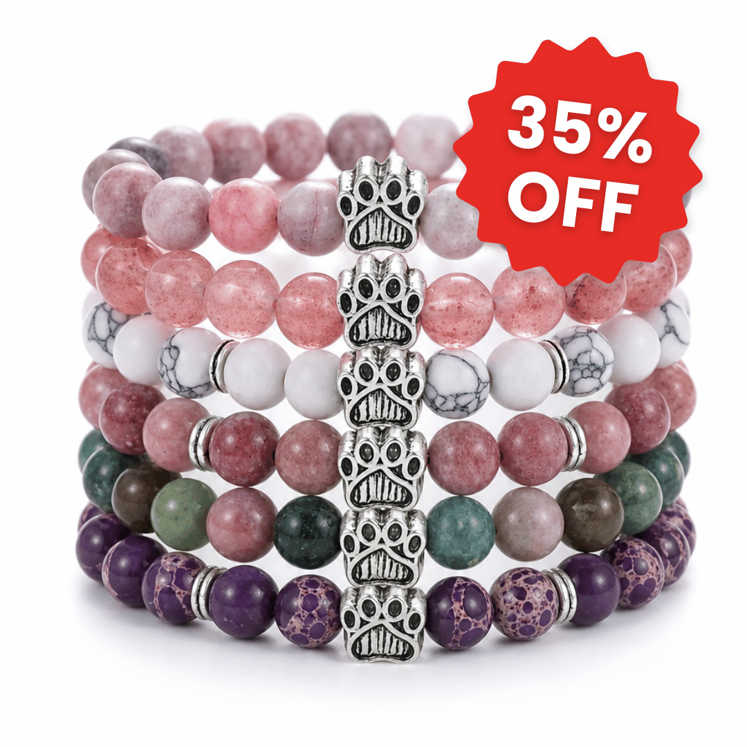 Rose Garden set of 6 bracelets: dusty pink, coral, white, rosewood, deep green and purple, each with a silver paw charm