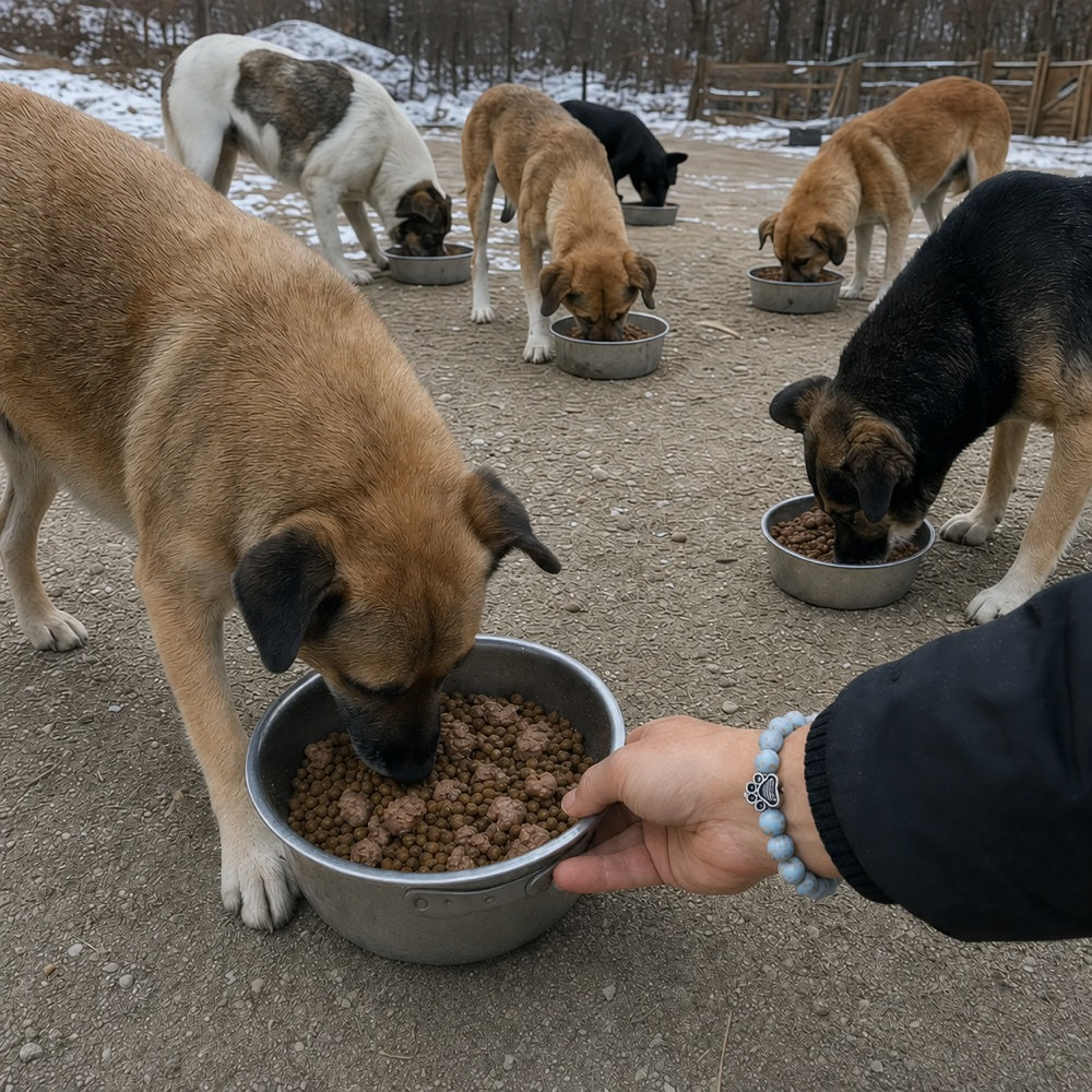 Dogs eating from bowls during a winter feeding operation, with a Rescue Paws bracelet visible