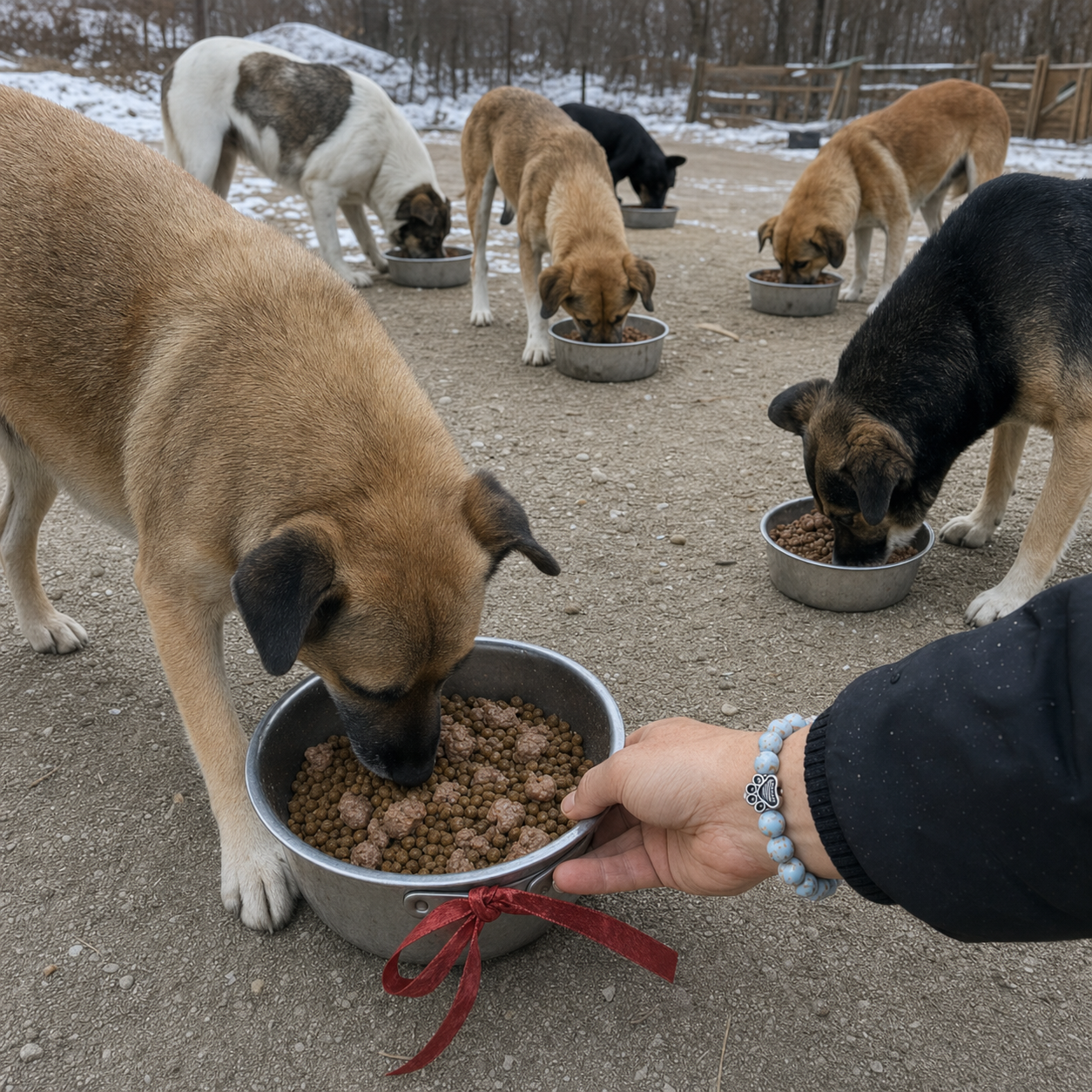 A Rescue Paws bracelet worn while serving meals to dogs during a feeding operation