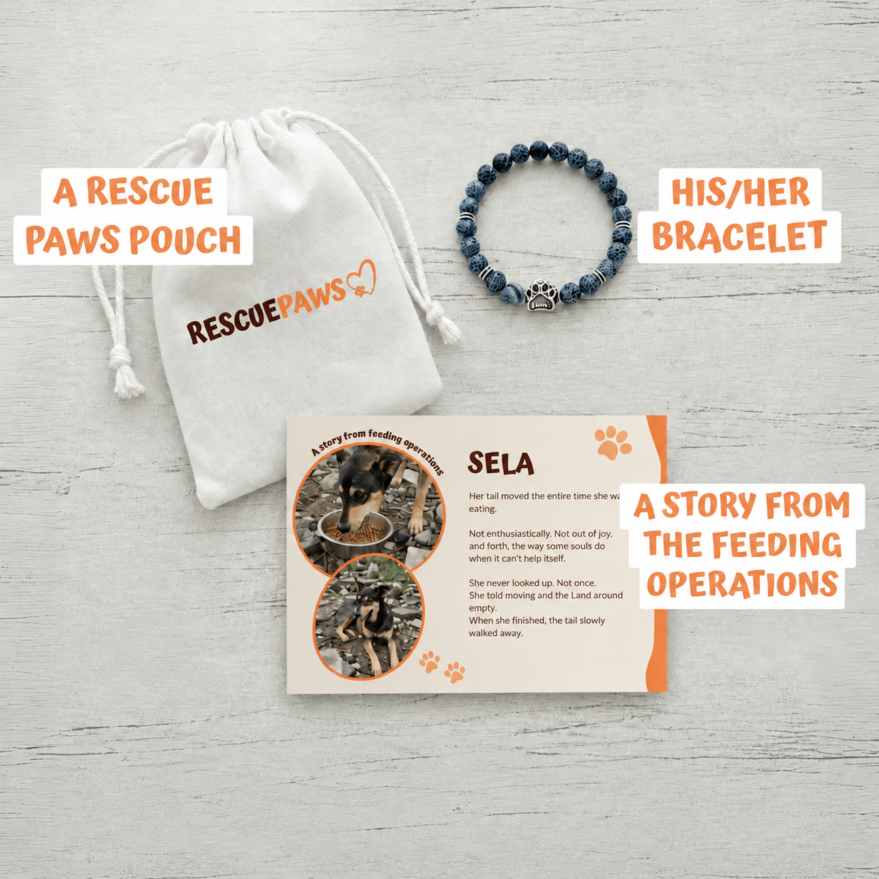 A Rescue Paws bracelet, pouch and story card ready to give