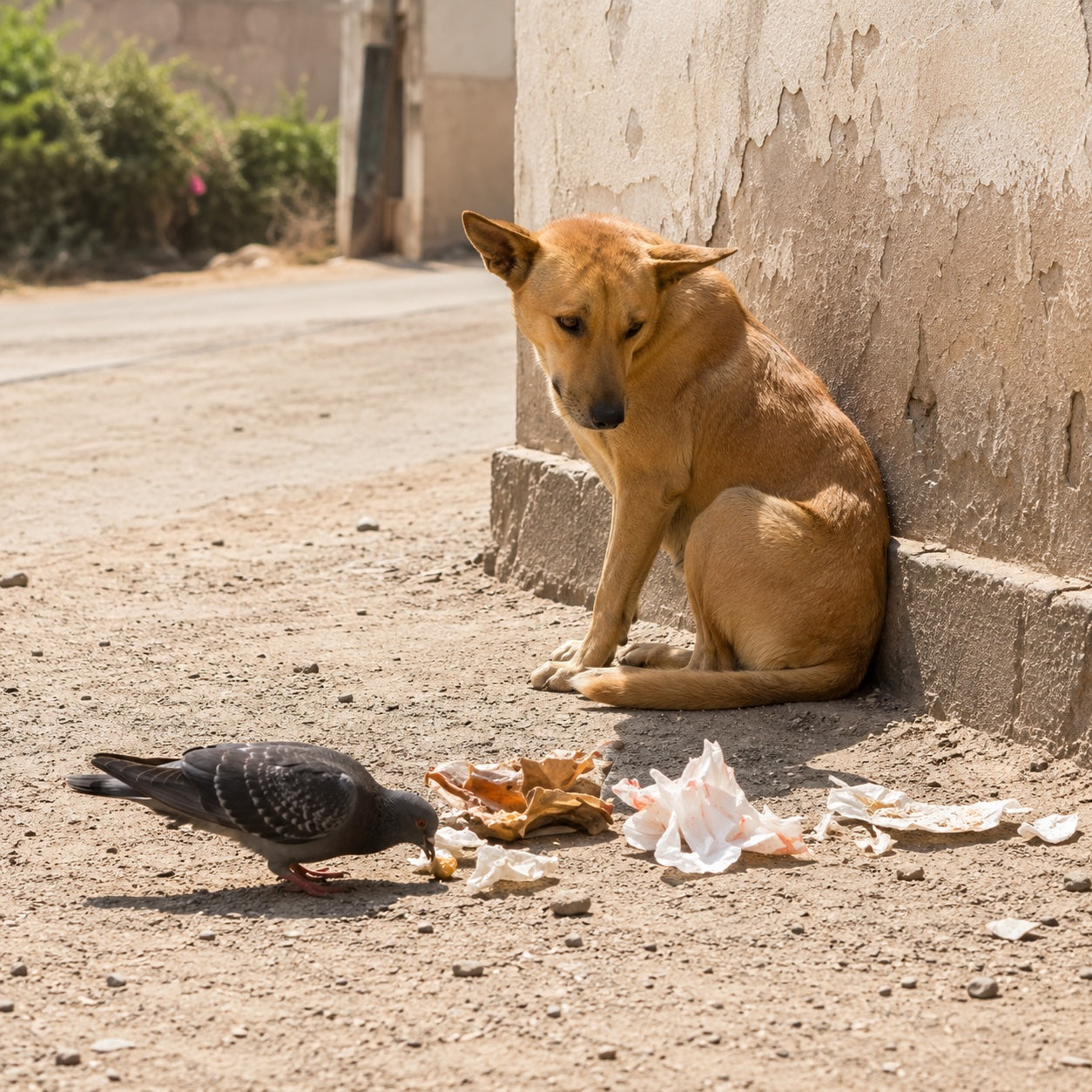 A street dog sitting alone against a wall, looking at scraps on the ground