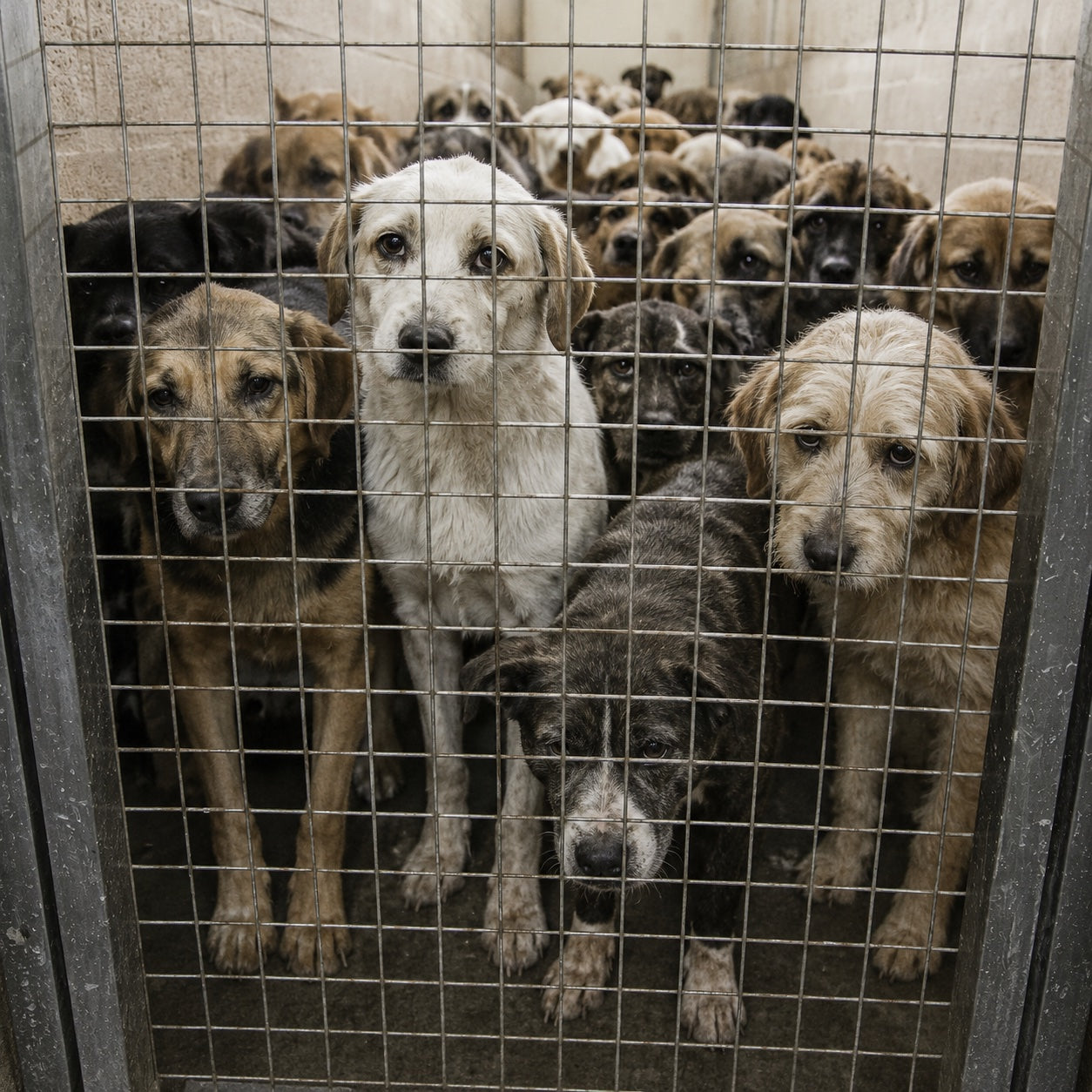 An overcrowded shelter kennel full of dogs looking through the wire mesh