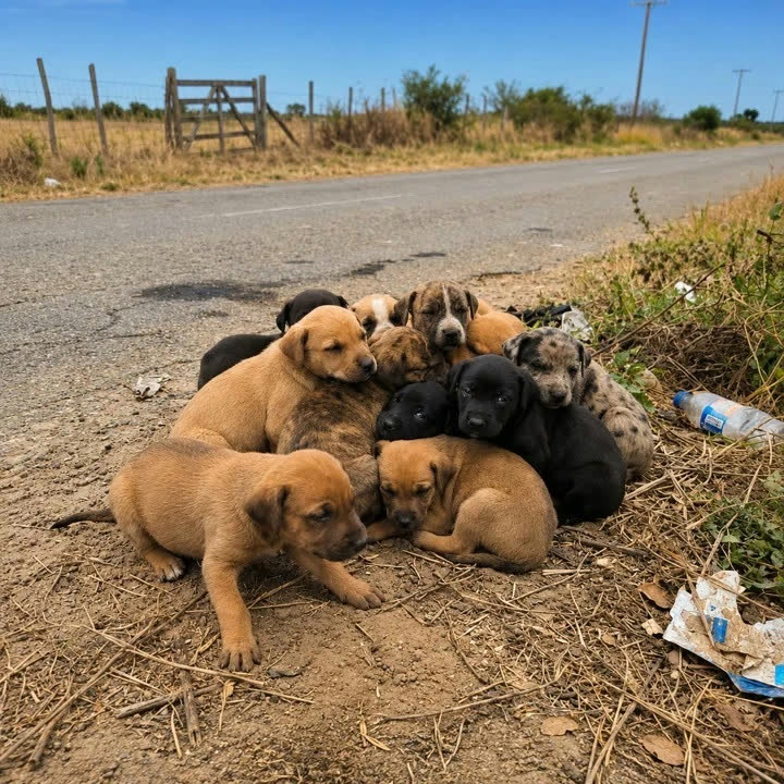 Street puppies huddled together at the side of a road