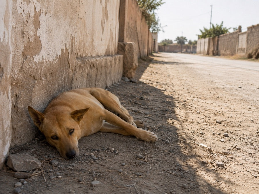 A stray dog lying in a narrow strip of shade beside a sun-heated road