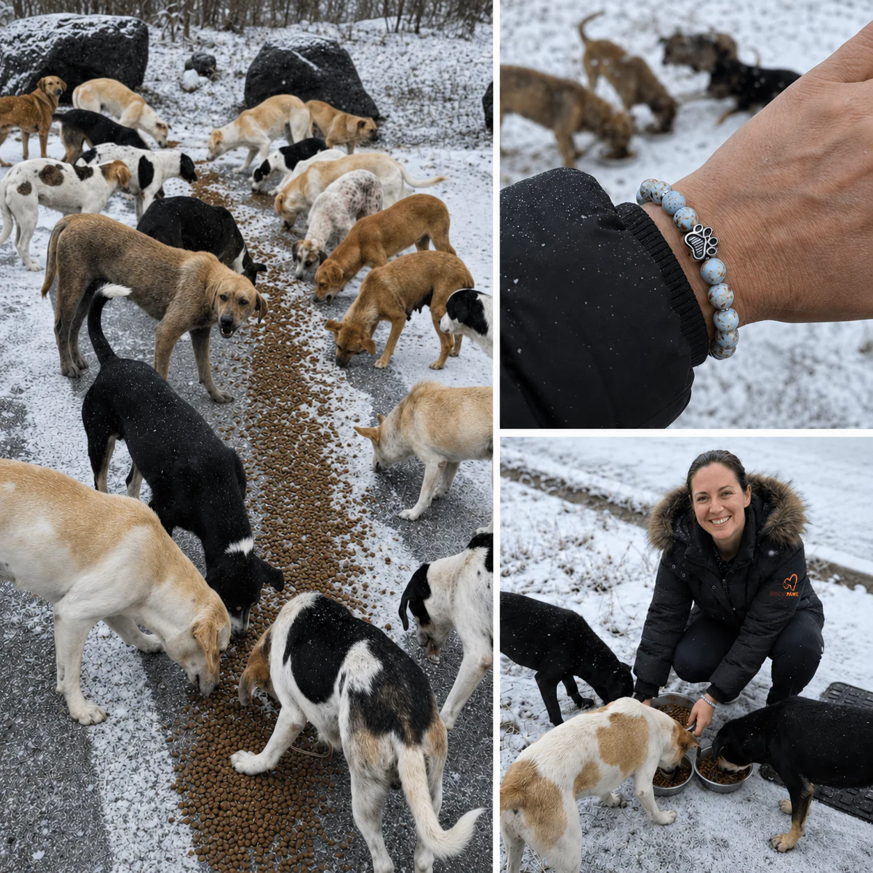 Dogs eating in the snow, a Rescue Paws bracelet, and an outdoor feeding