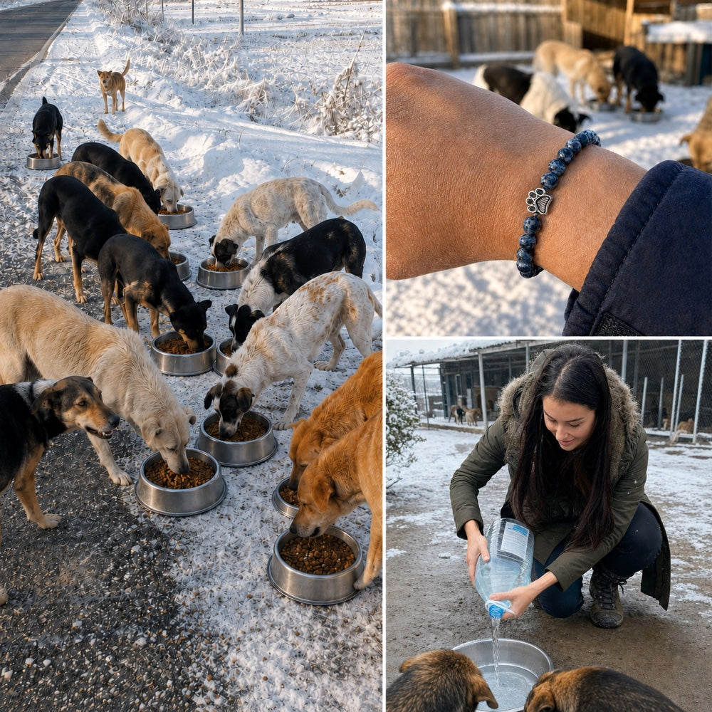 Three winter moments showing dogs eating, a Rescue Paws bracelet worn, and a local volunteer placing food bowls