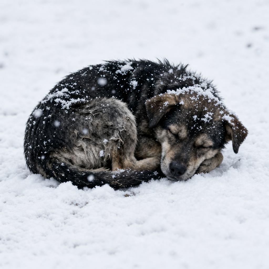 An abandoned dog curled up in the snow